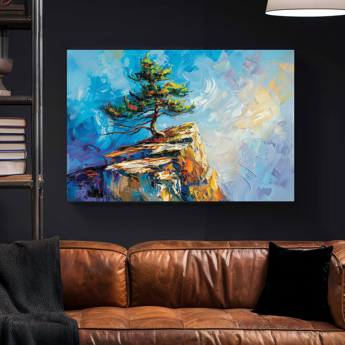 textured landscape wall art with tree on cliff and vivid brushstrokes