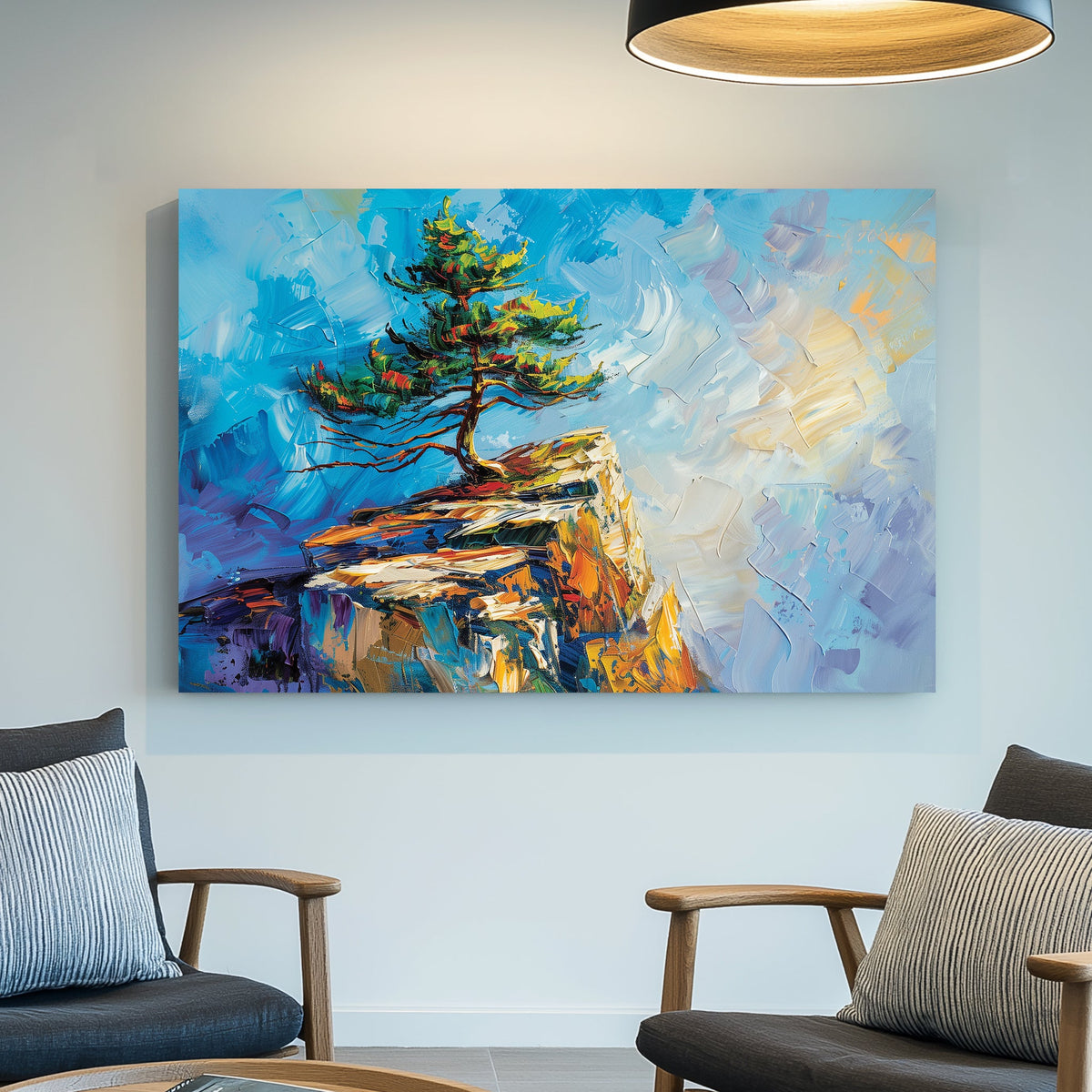 textured landscape wall art with tree on cliff and vivid brushstrokes