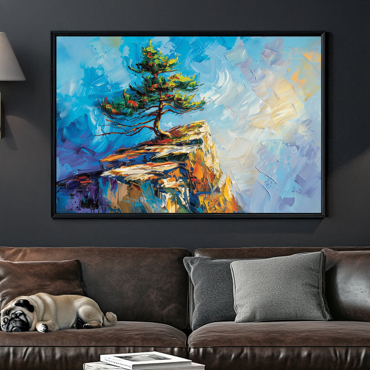textured landscape wall art with tree on cliff and vivid brushstrokes