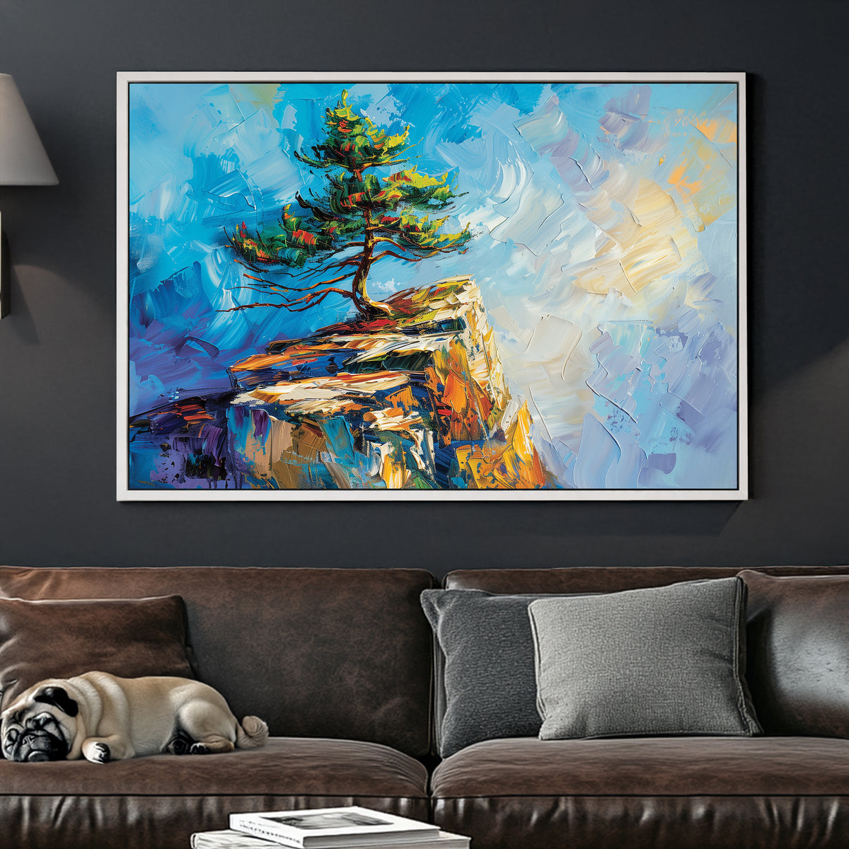 textured landscape wall art with tree on cliff and vivid brushstrokes