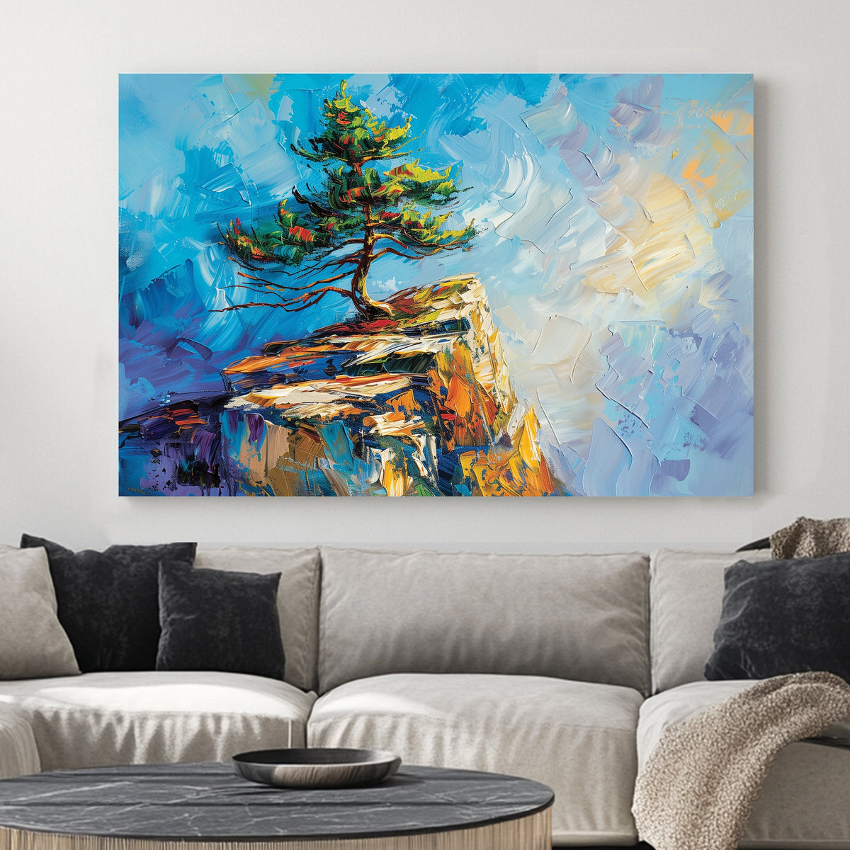 textured landscape wall art with tree on cliff and vivid brushstrokes
