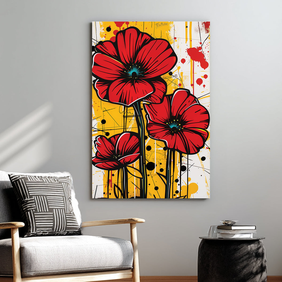 bold floral wall art with red poppies on graffiti-style yellow background
