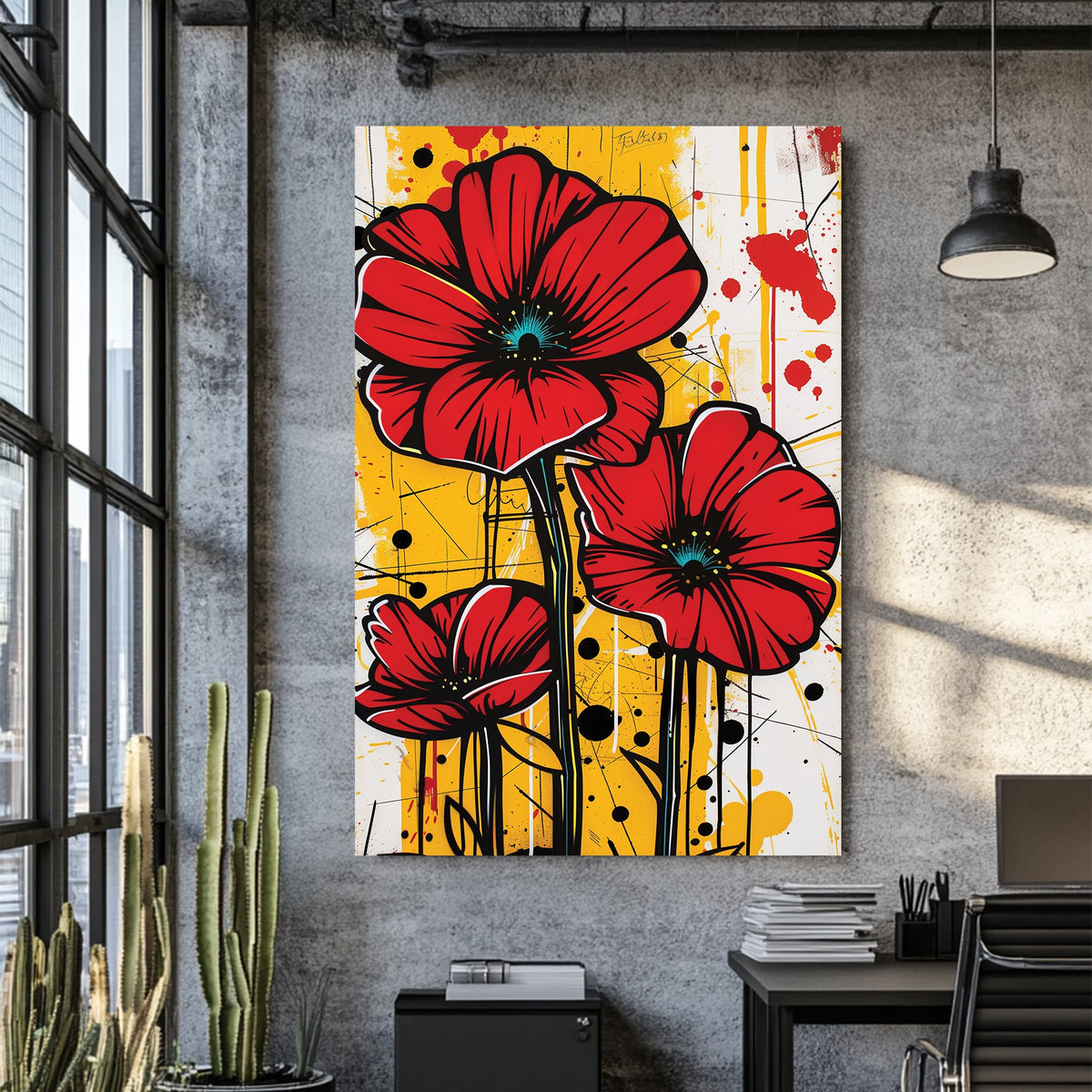 bold floral wall art with red poppies on graffiti-style yellow background