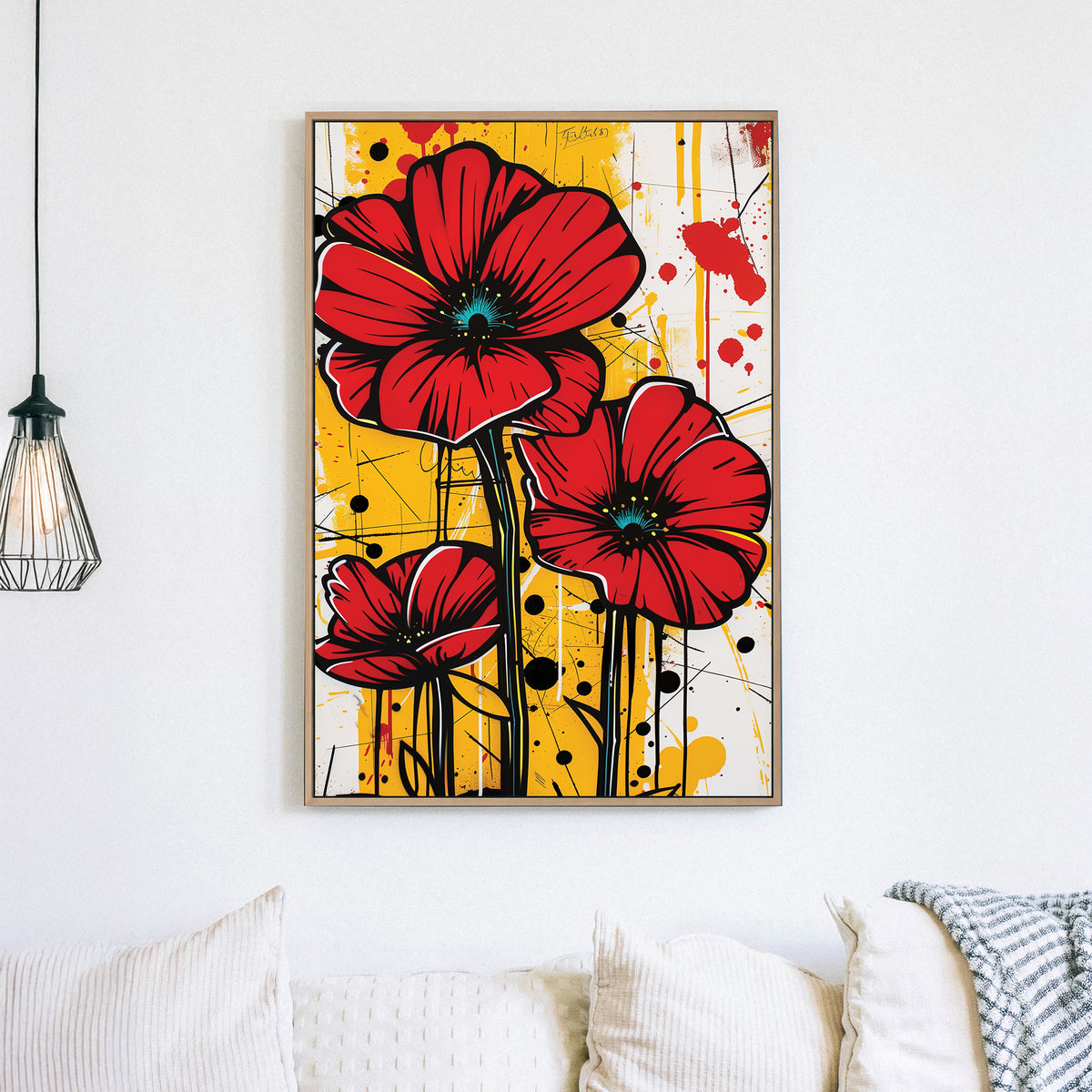 bold floral wall art with red poppies on graffiti-style yellow background