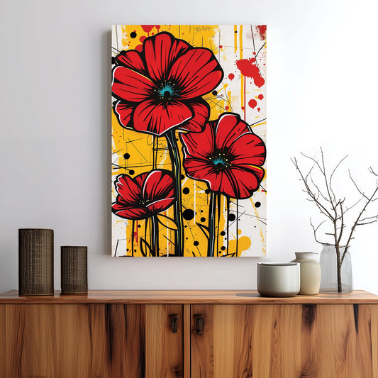 bold floral wall art with red poppies on graffiti-style yellow background