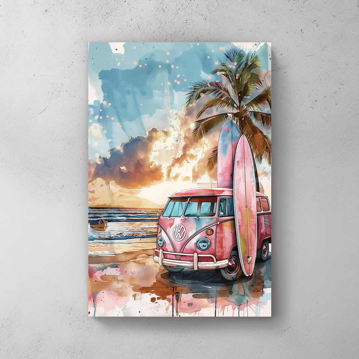 retro surf van beach sunset wall art with palm tree and surfboards