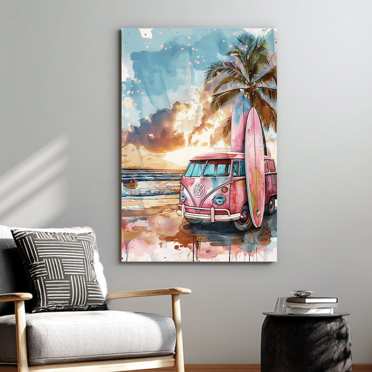 retro surf van beach sunset wall art with palm tree and surfboards