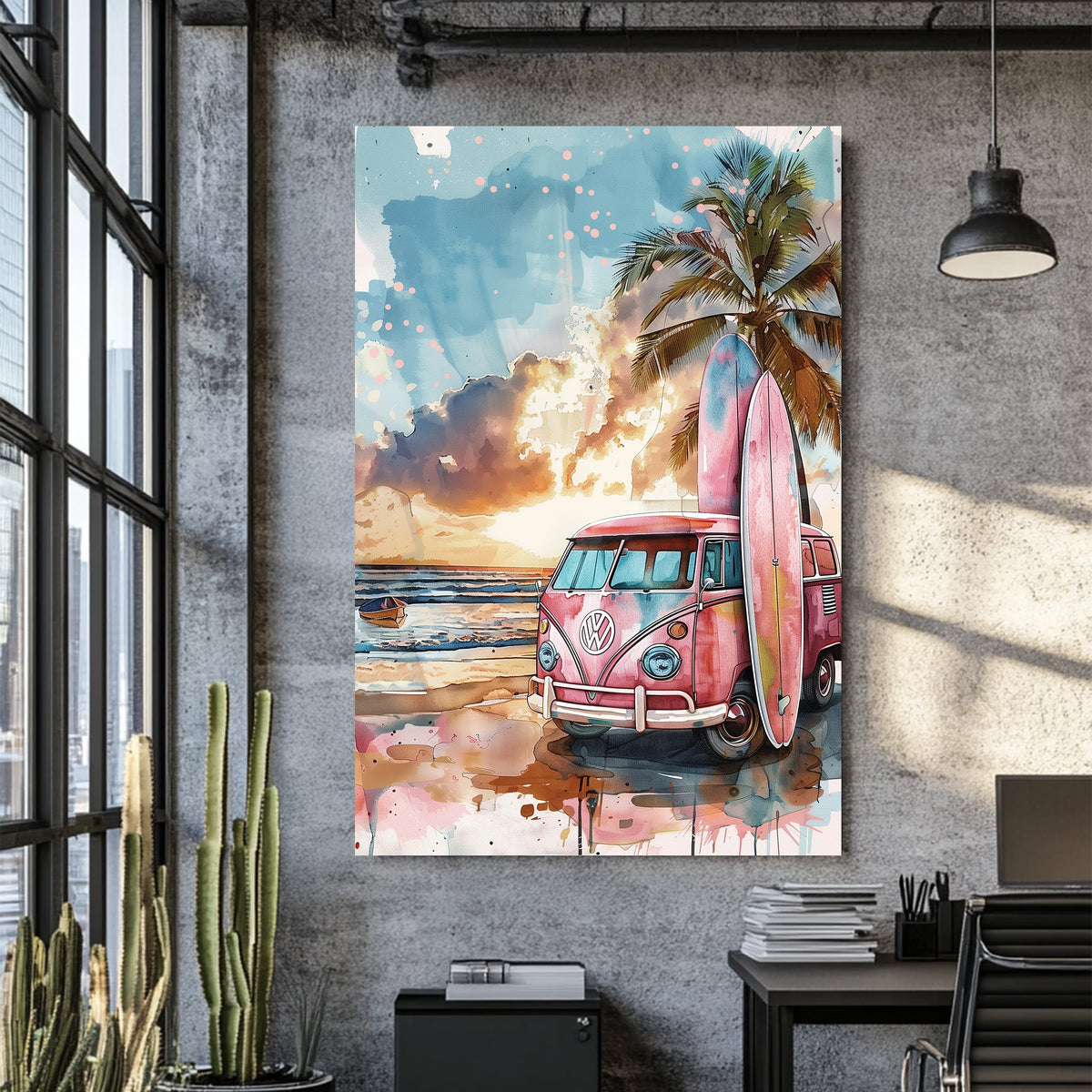 retro surf van beach sunset wall art with palm tree and surfboards