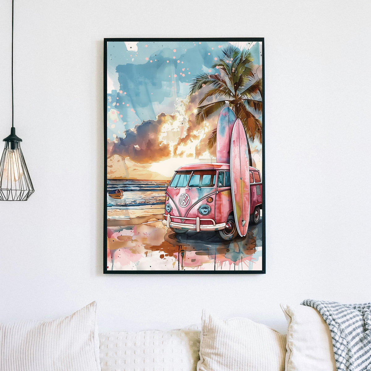 retro surf van beach sunset wall art with palm tree and surfboards