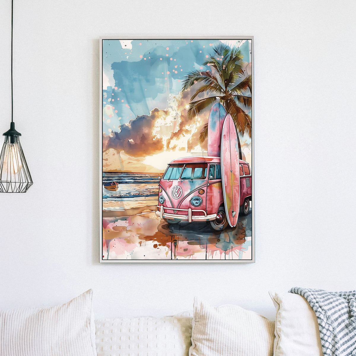 retro surf van beach sunset wall art with palm tree and surfboards