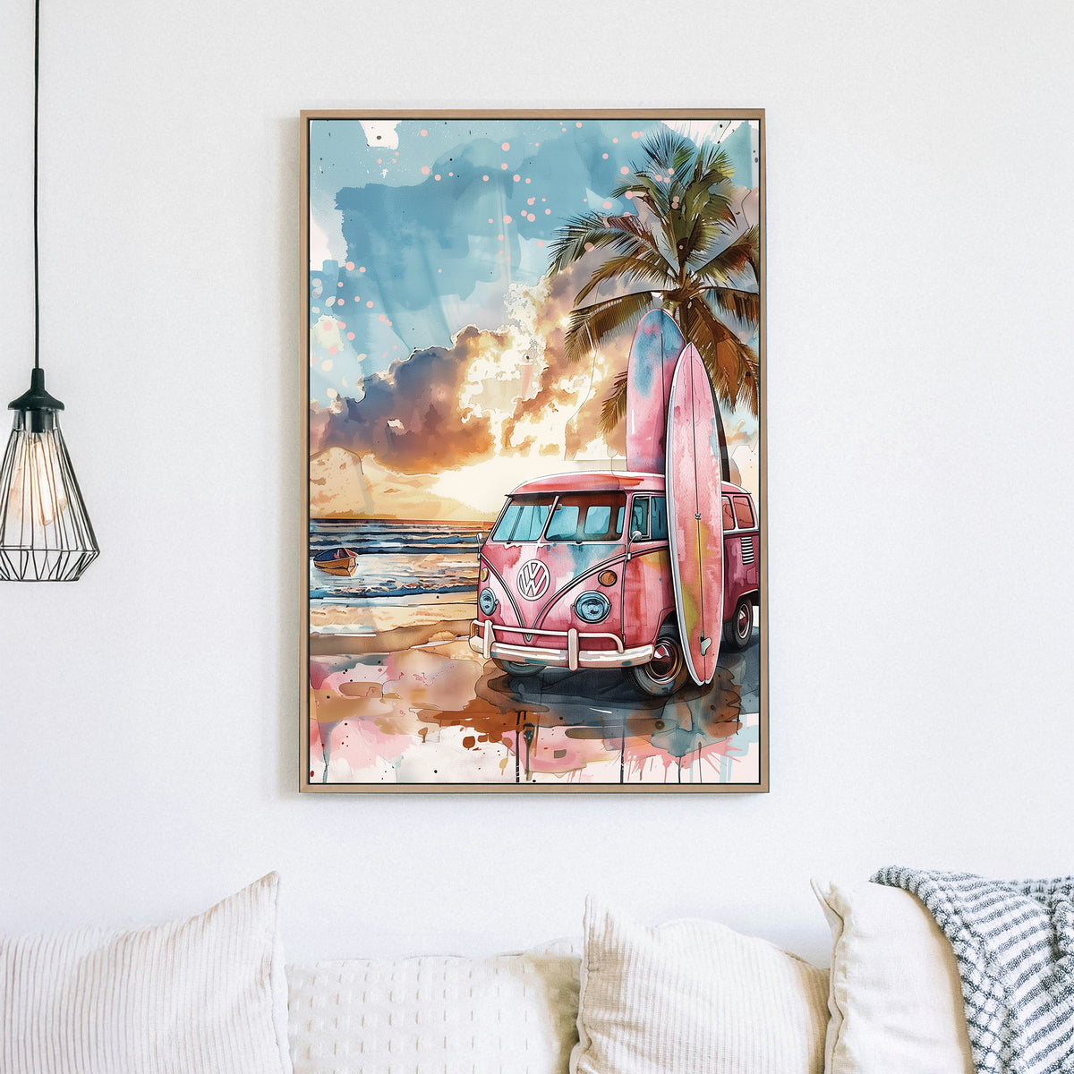 retro surf van beach sunset wall art with palm tree and surfboards