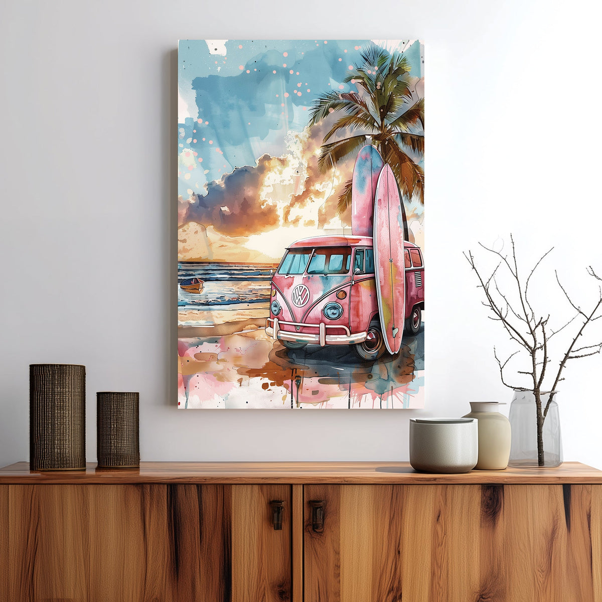 retro surf van beach sunset wall art with palm tree and surfboards