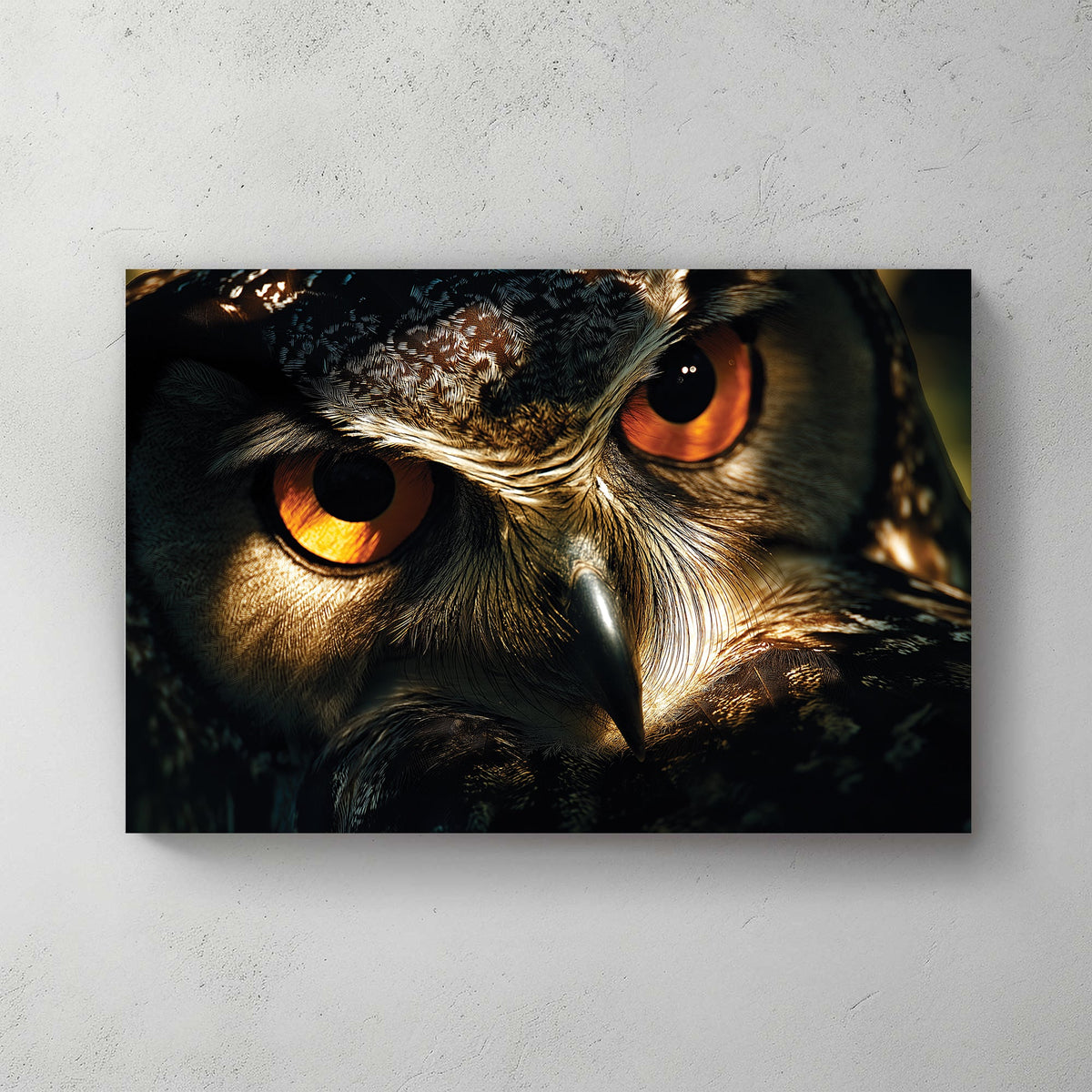 close-up owl eyes wall art with sharp feathers and dramatic lighting