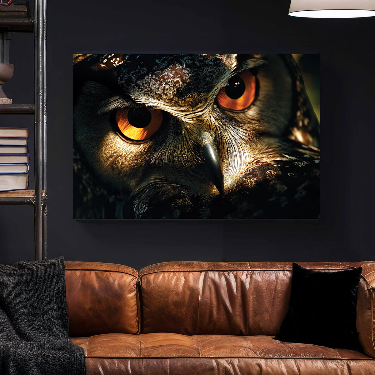 close-up owl eyes wall art with sharp feathers and dramatic lighting