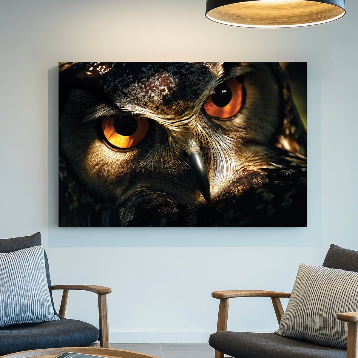 close-up owl eyes wall art with sharp feathers and dramatic lighting