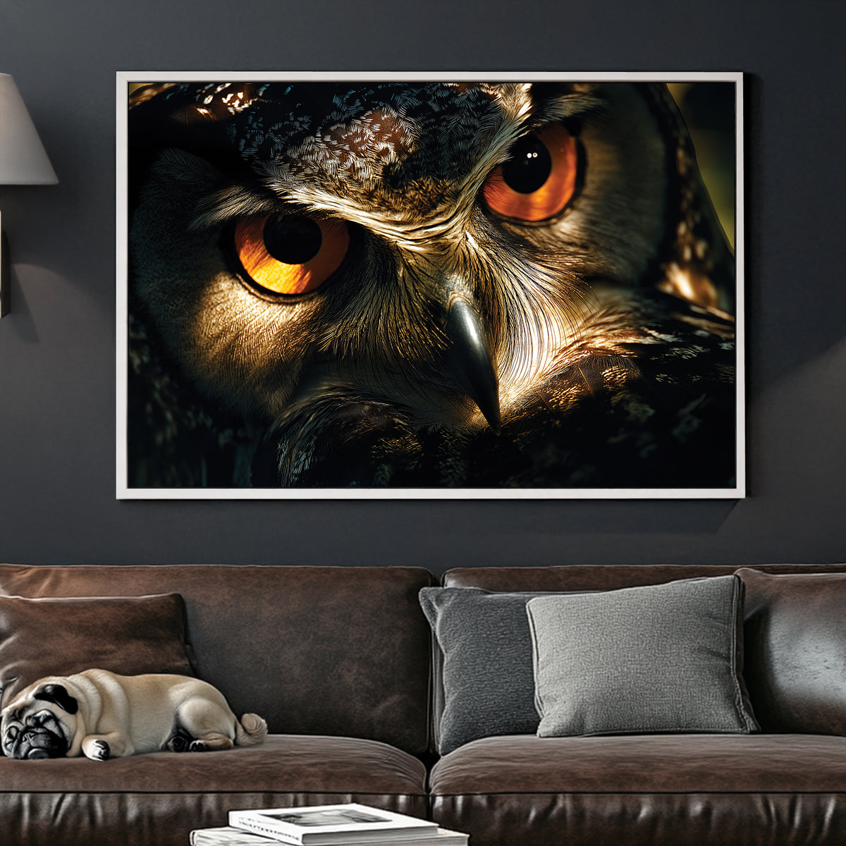 close-up owl eyes wall art with sharp feathers and dramatic lighting
