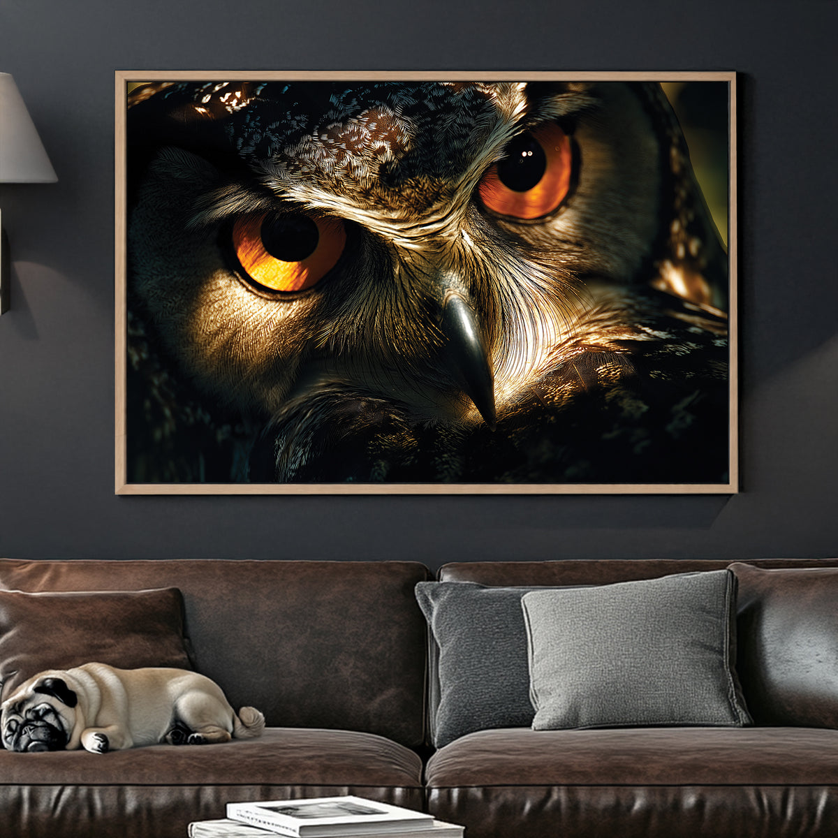 close-up owl eyes wall art with sharp feathers and dramatic lighting