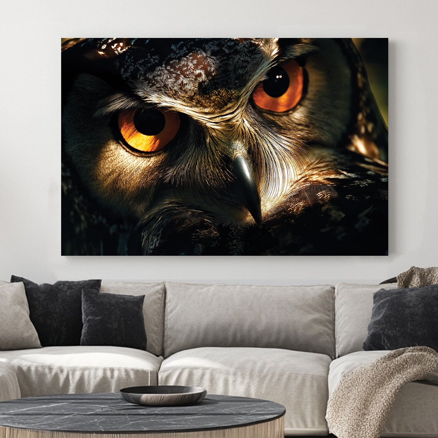 close-up owl eyes wall art with sharp feathers and dramatic lighting