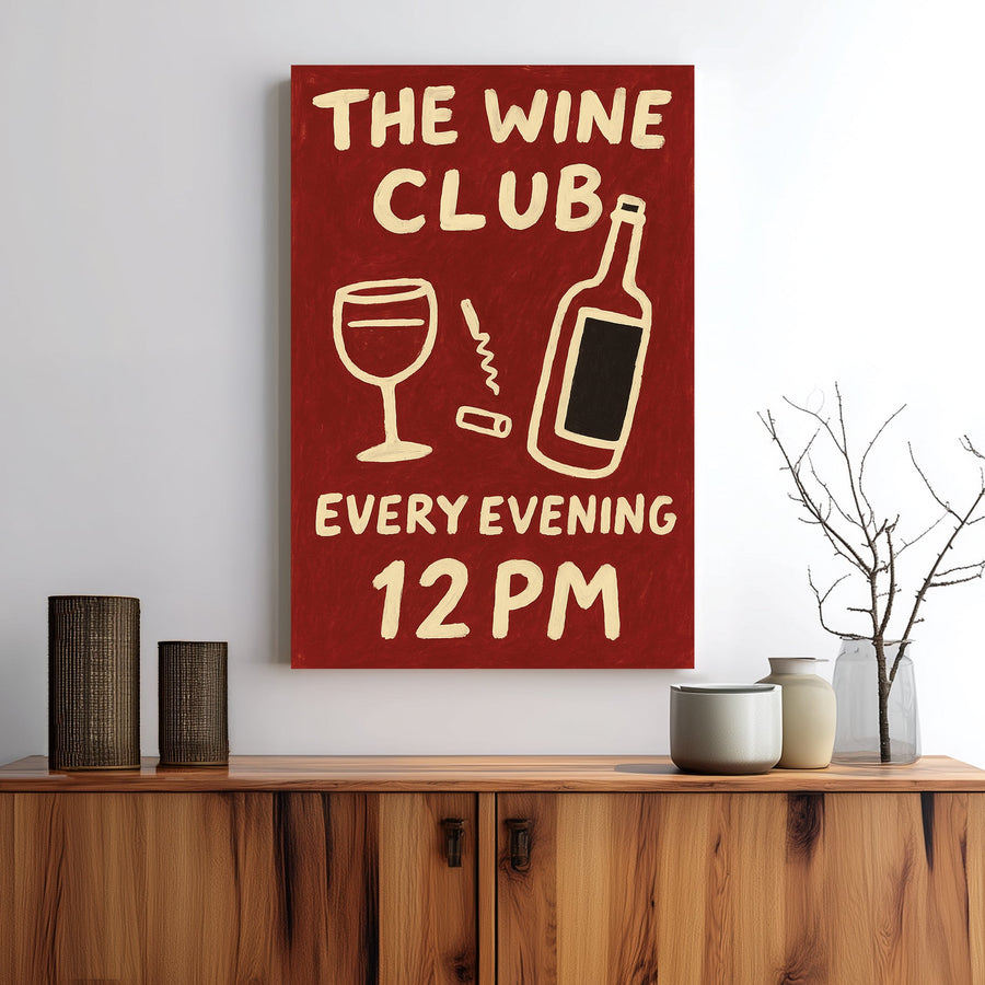 playful wine-themed wall art with bold handwritten text and bottle illustration
