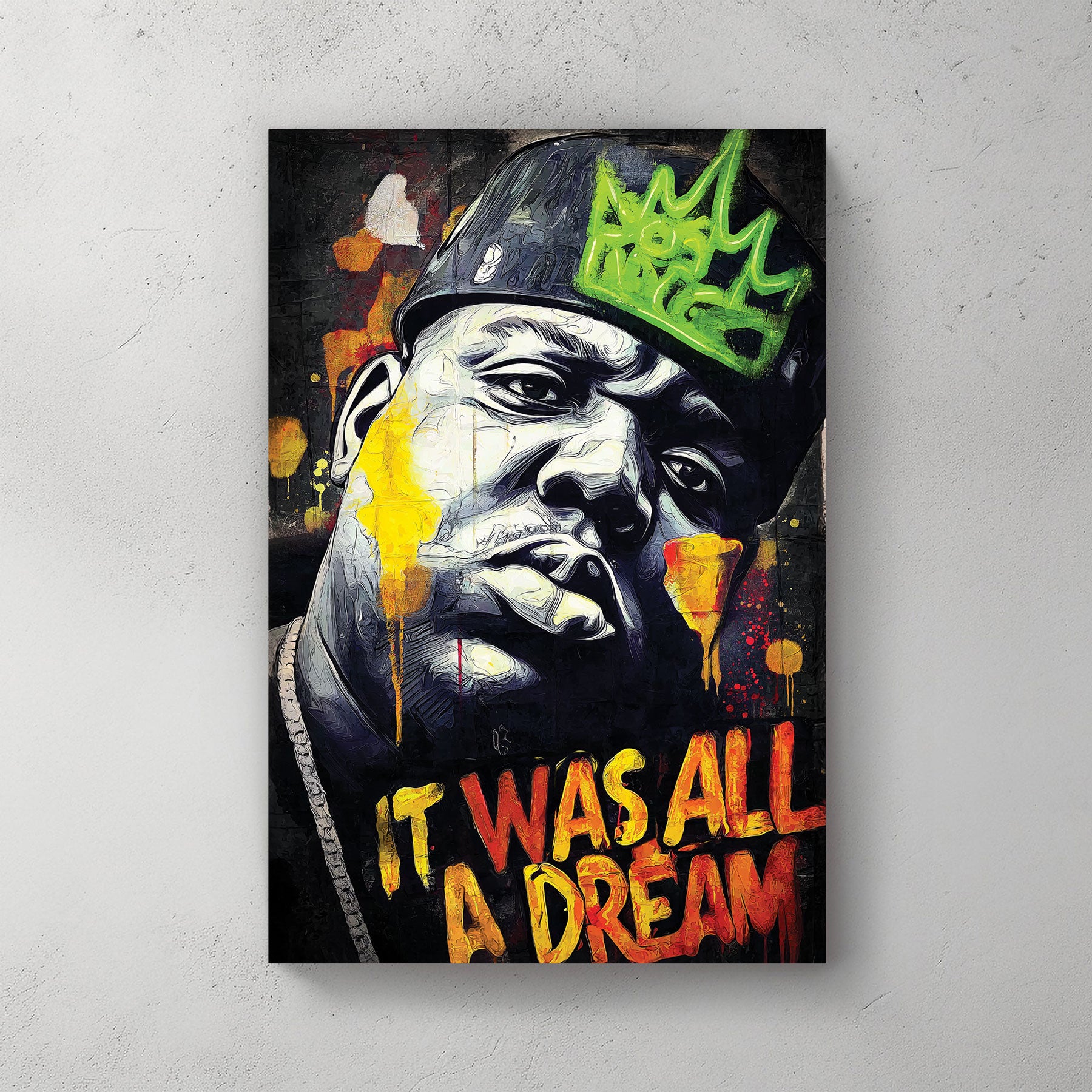 graffiti-style hip-hop wall art with Biggie portrait and bold lettering