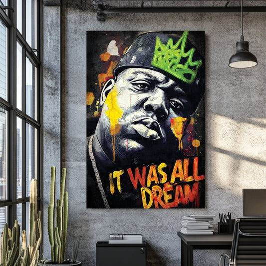 graffiti-style hip-hop wall art with Biggie portrait and bold lettering
