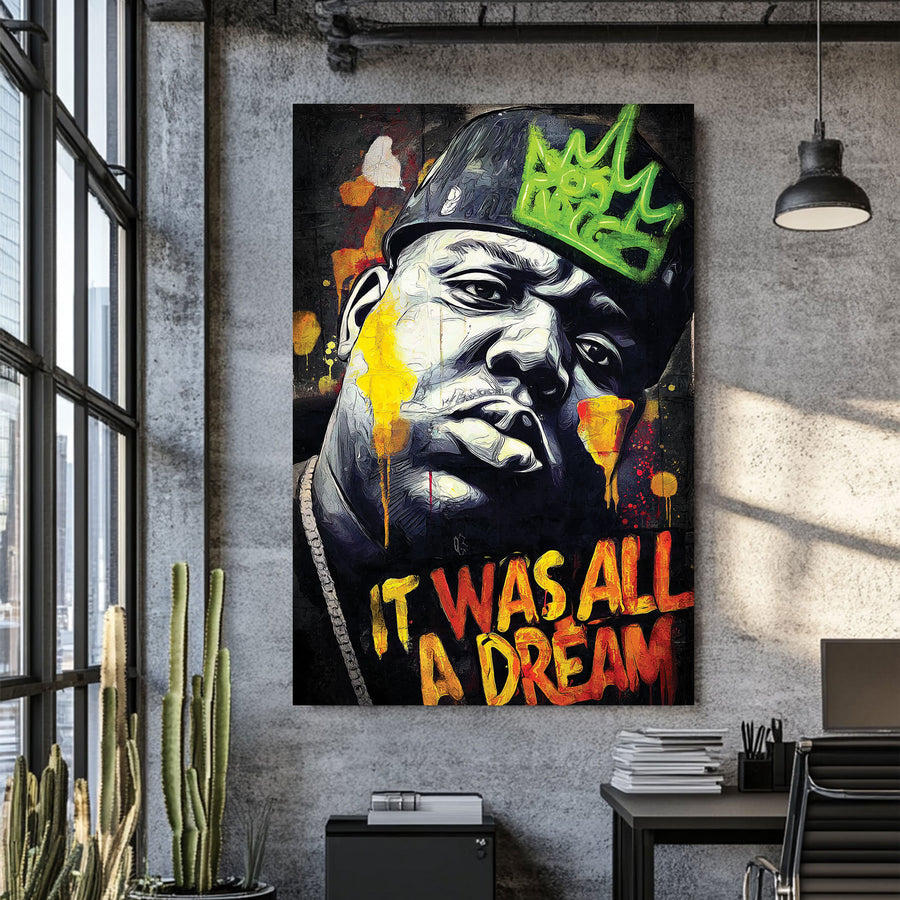 graffiti-style hip-hop wall art with Biggie portrait and bold lettering