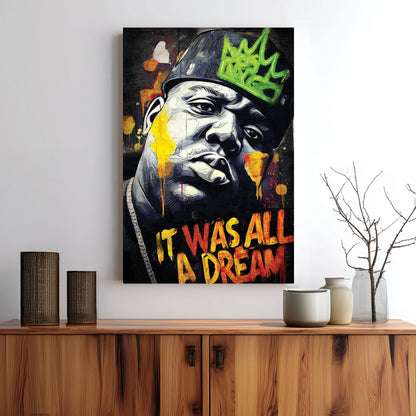 graffiti-style hip-hop wall art with Biggie portrait and bold lettering