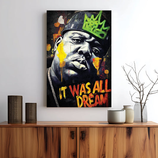 graffiti-style hip-hop wall art with Biggie portrait and bold lettering