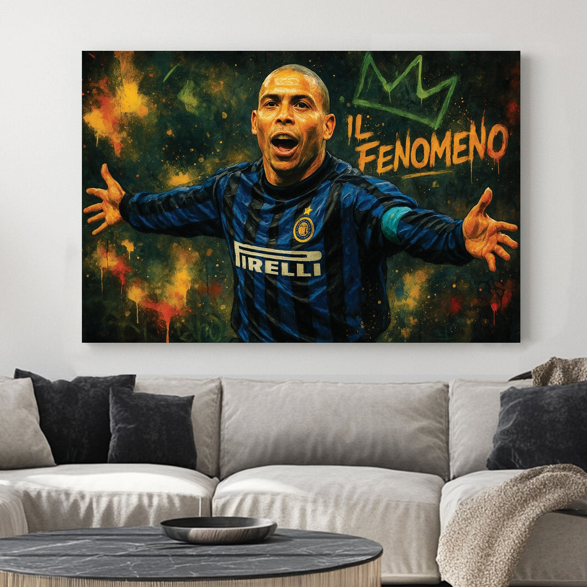 graffiti-style football wall art featuring Ronaldo in Inter Milan kit celebrating