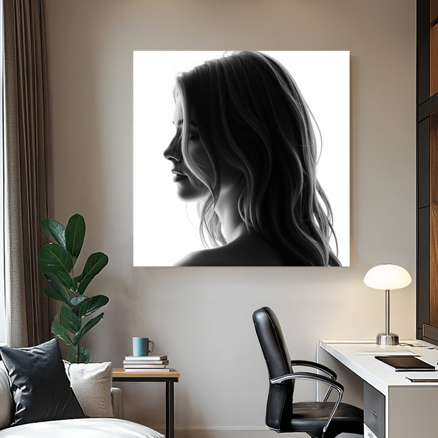 black and white minimalist wall art featuring female silhouette in soft light