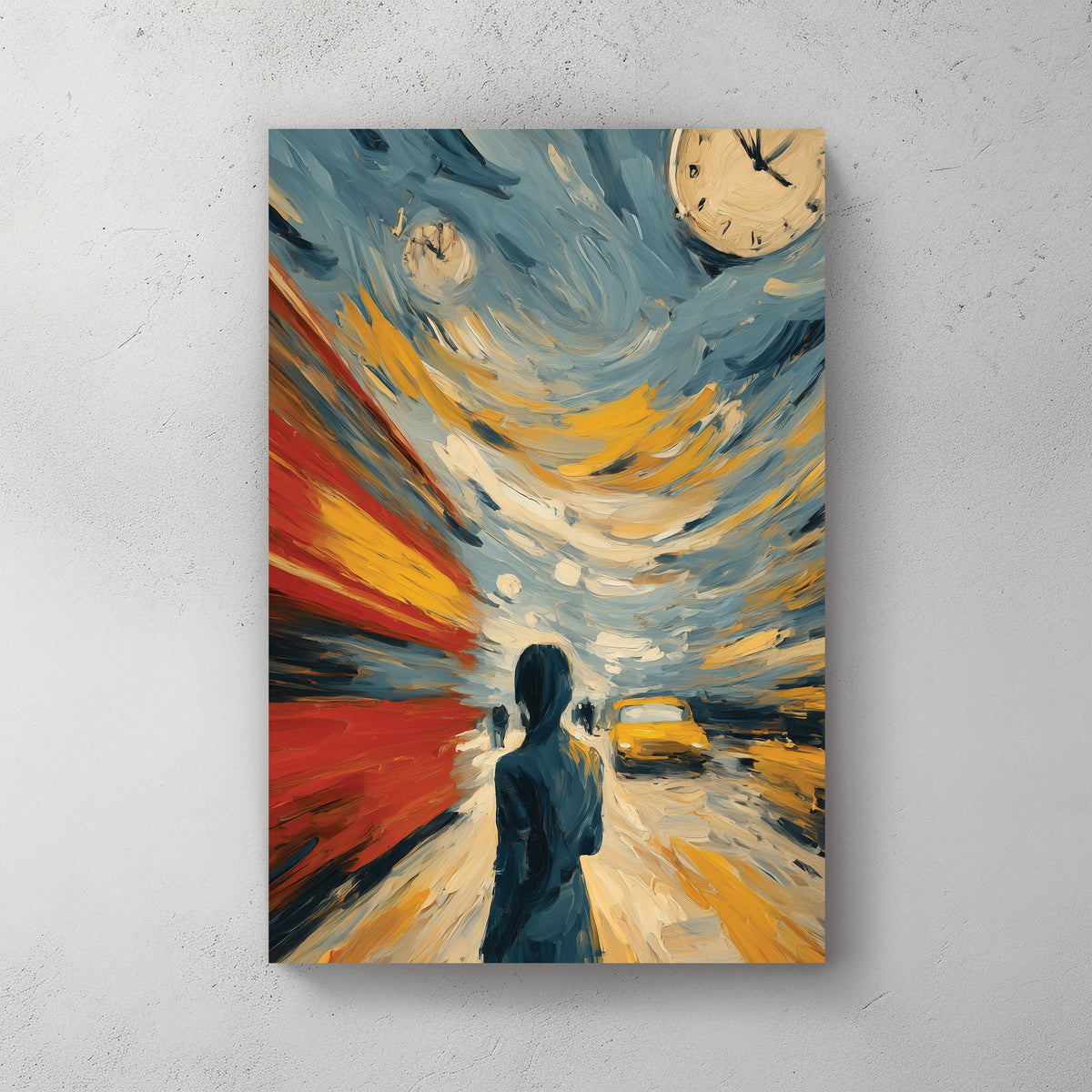 abstract rush hour city scene wall art with swirling colours and clocks