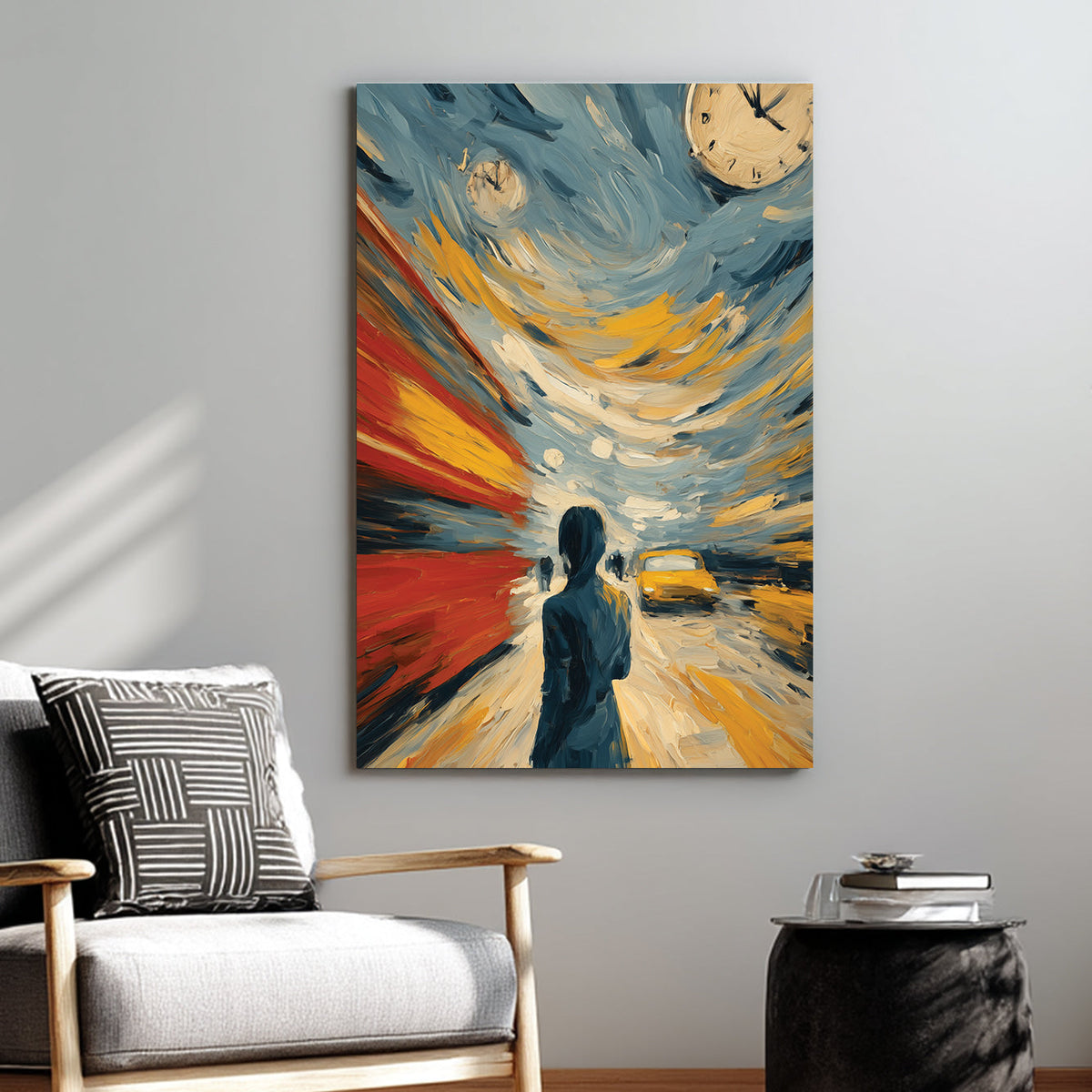 abstract rush hour city scene wall art with swirling colours and clocks