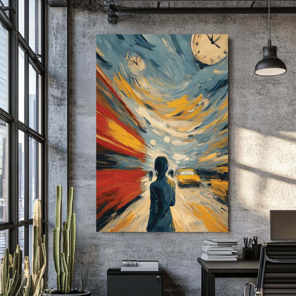 abstract rush hour city scene wall art with swirling colours and clocks