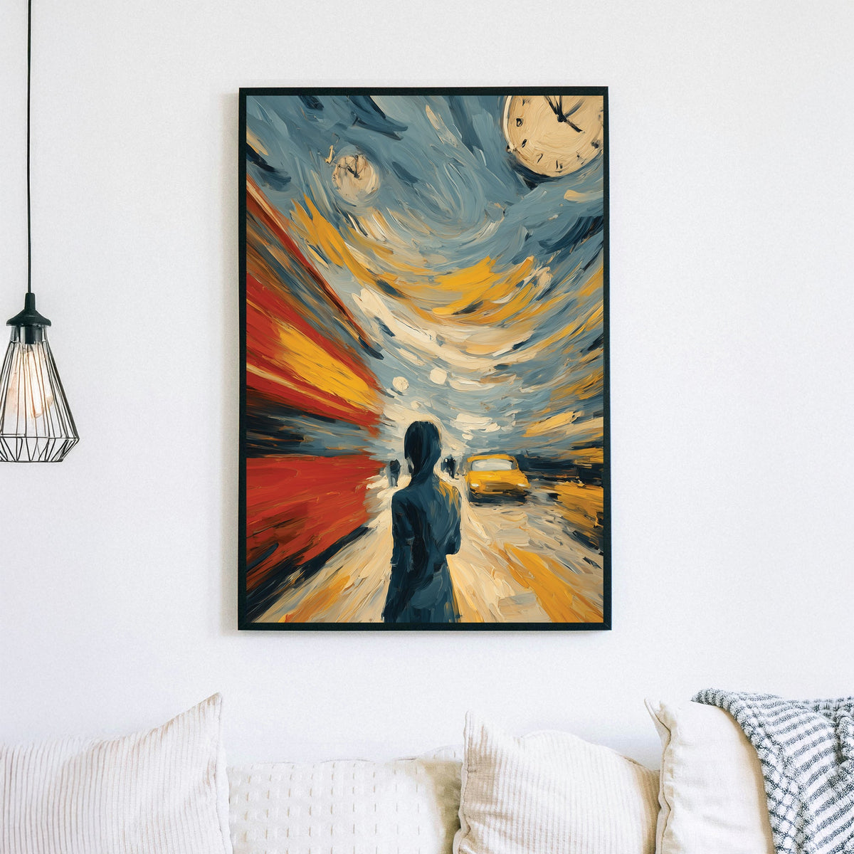 abstract rush hour city scene wall art with swirling colours and clocks