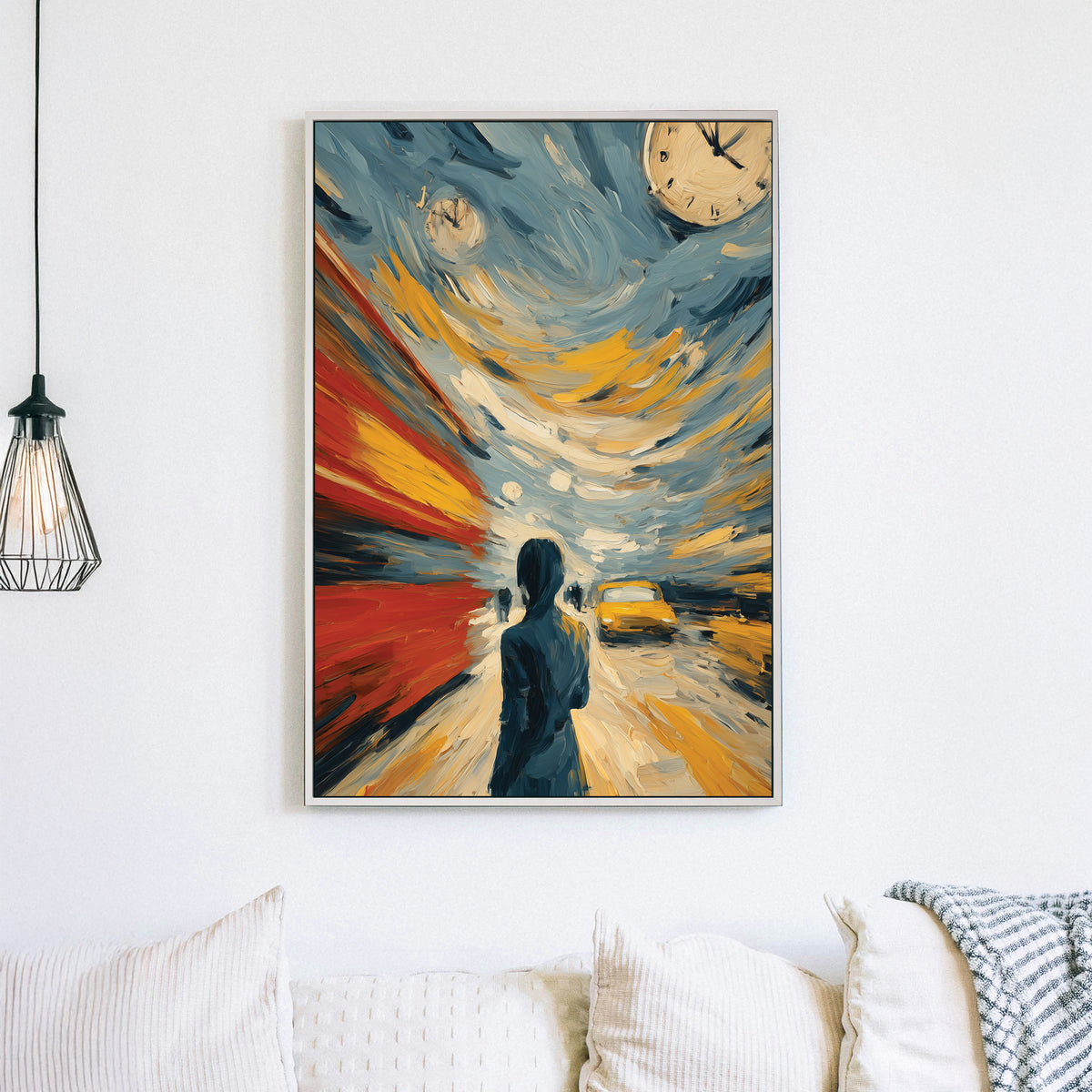 abstract rush hour city scene wall art with swirling colours and clocks