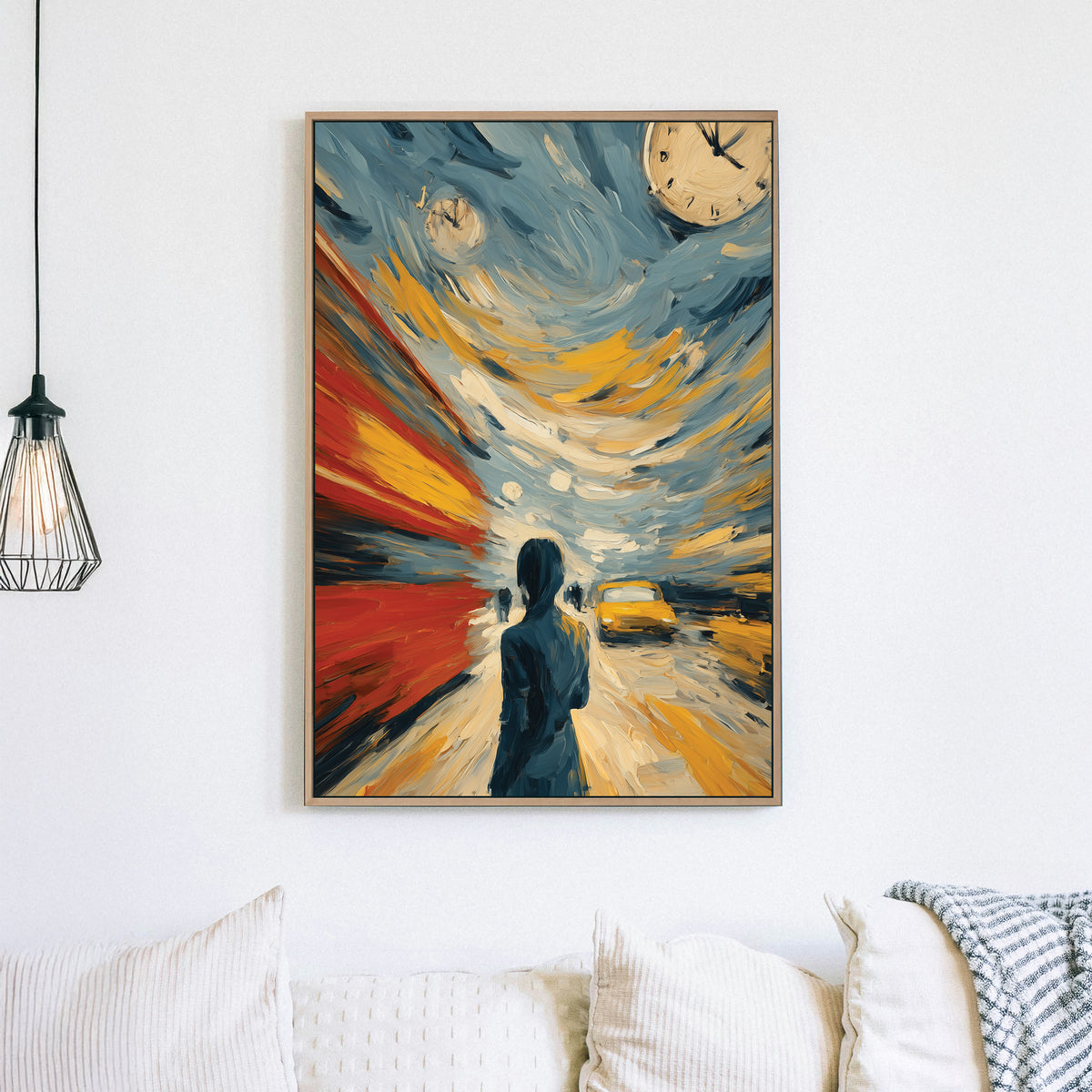 abstract rush hour city scene wall art with swirling colours and clocks