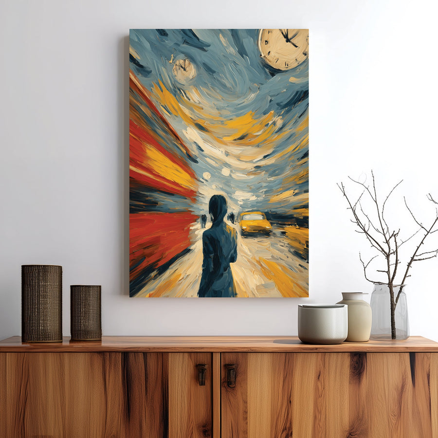 abstract rush hour city scene wall art with swirling colours and clocks