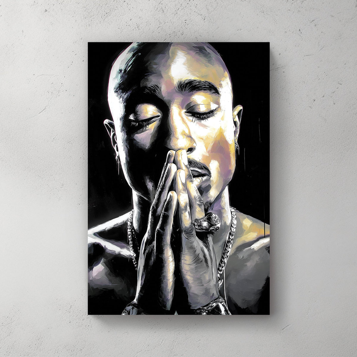 black and white Tupac portrait wall art of rapper in prayer pose