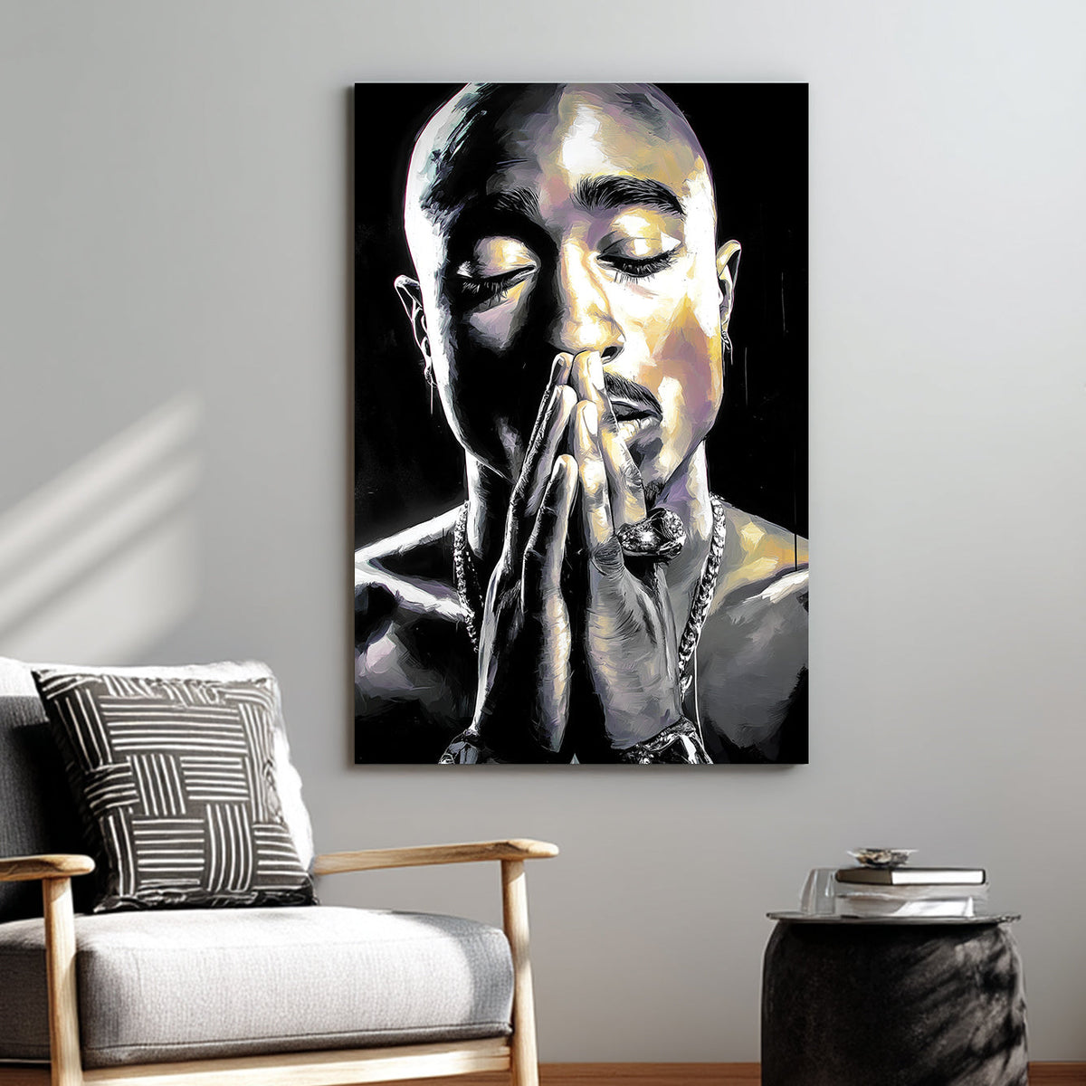 black and white Tupac portrait wall art of rapper in prayer pose