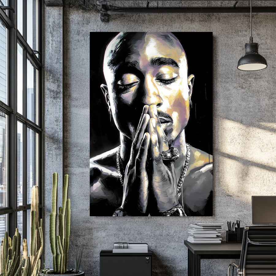 black and white Tupac portrait wall art of rapper in prayer pose