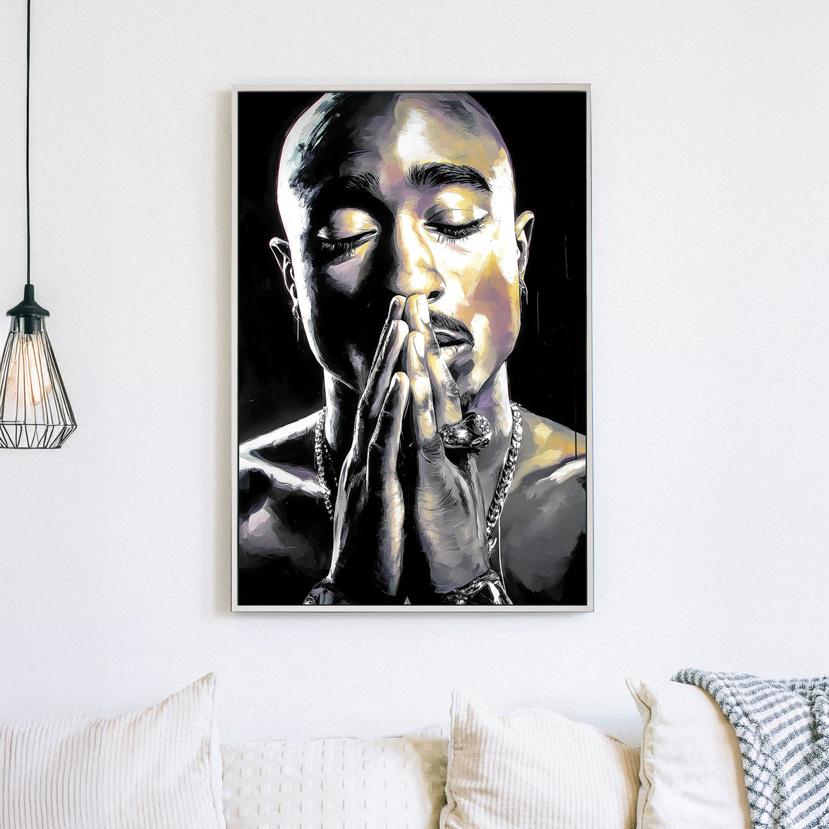 black and white Tupac portrait wall art of rapper in prayer pose