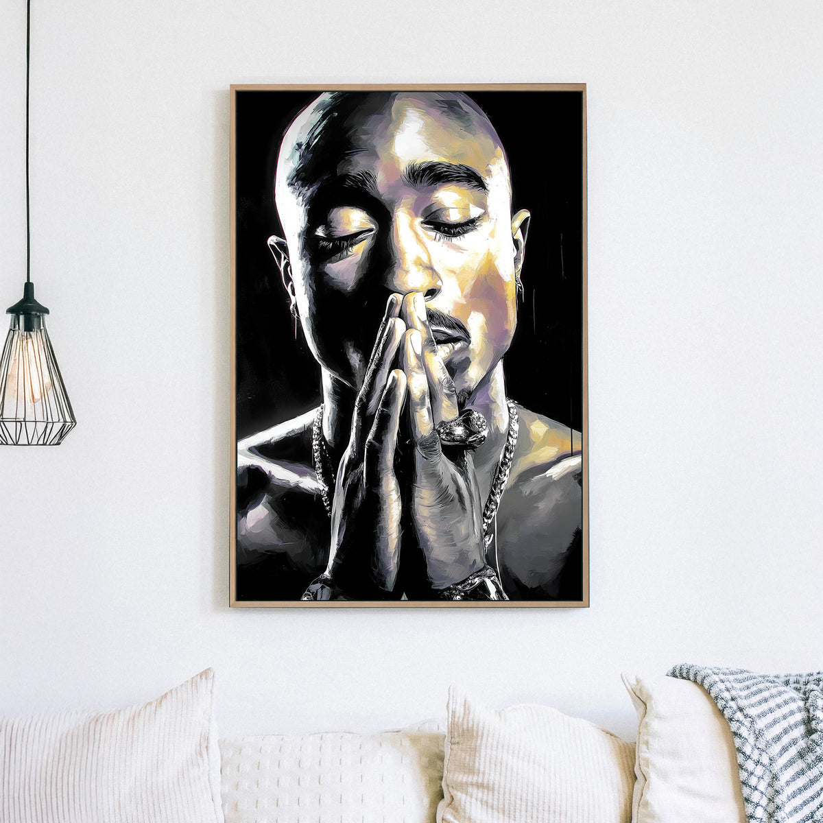 black and white Tupac portrait wall art of rapper in prayer pose