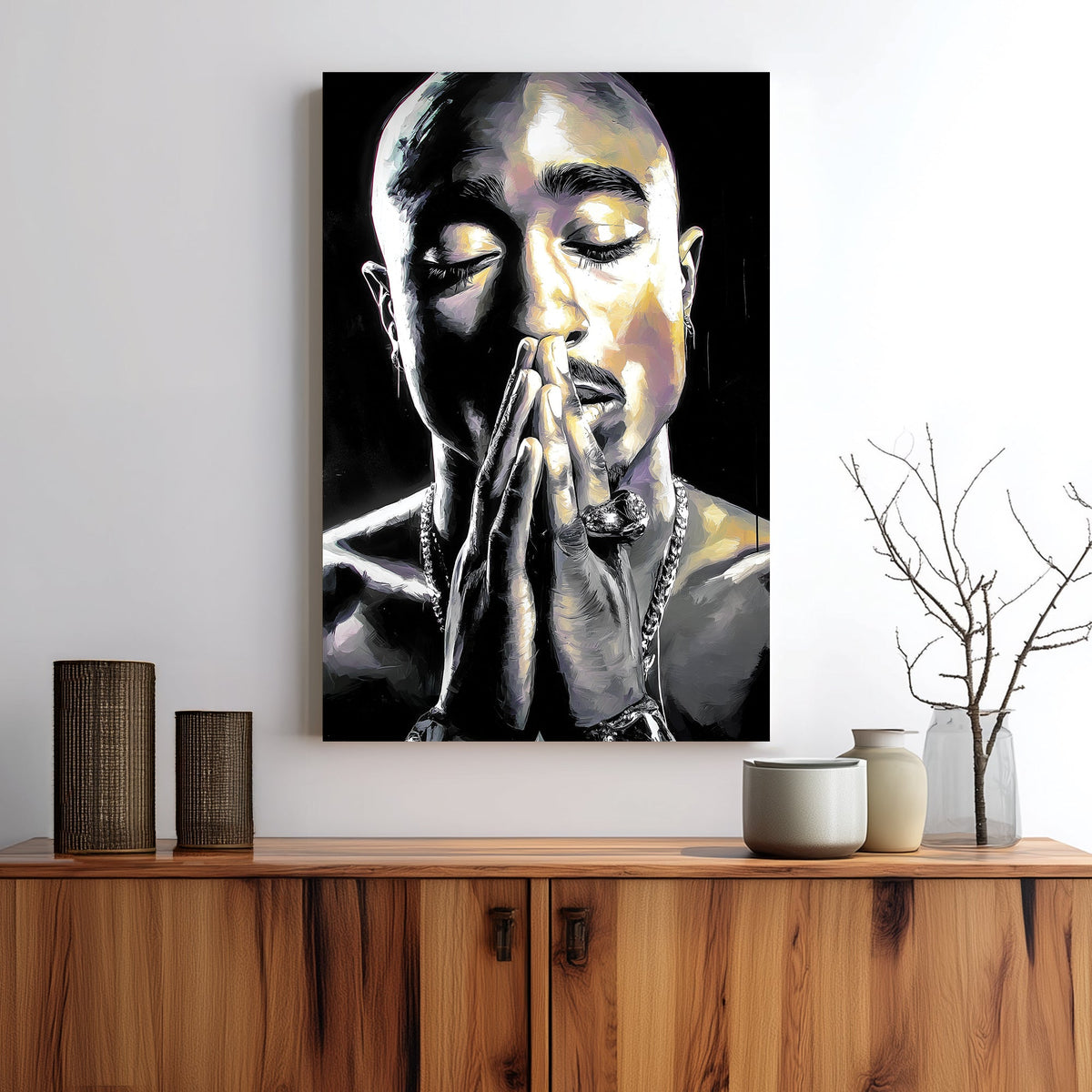 black and white Tupac portrait wall art of rapper in prayer pose