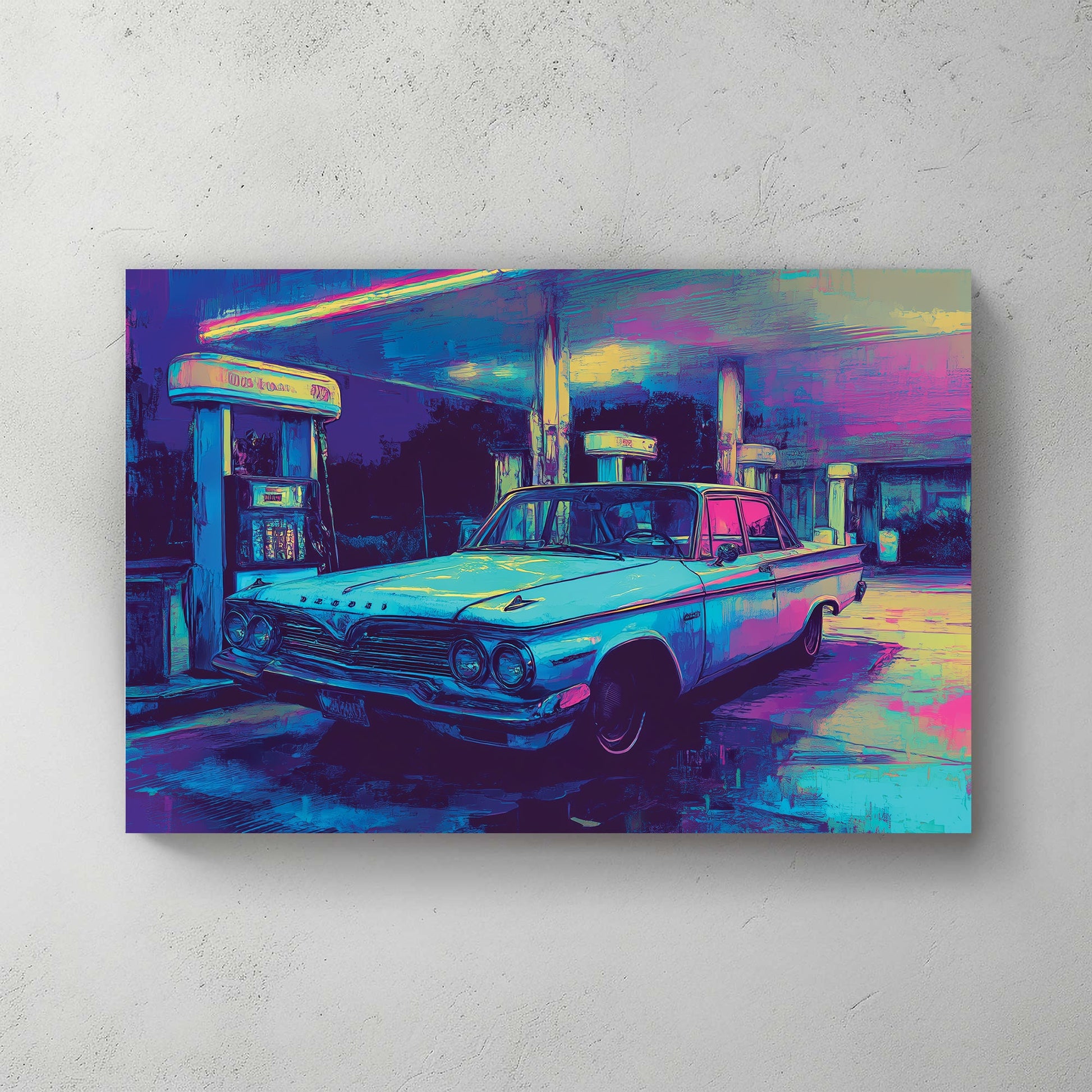 retro car at neon gas station wall art in synthwave colour palette