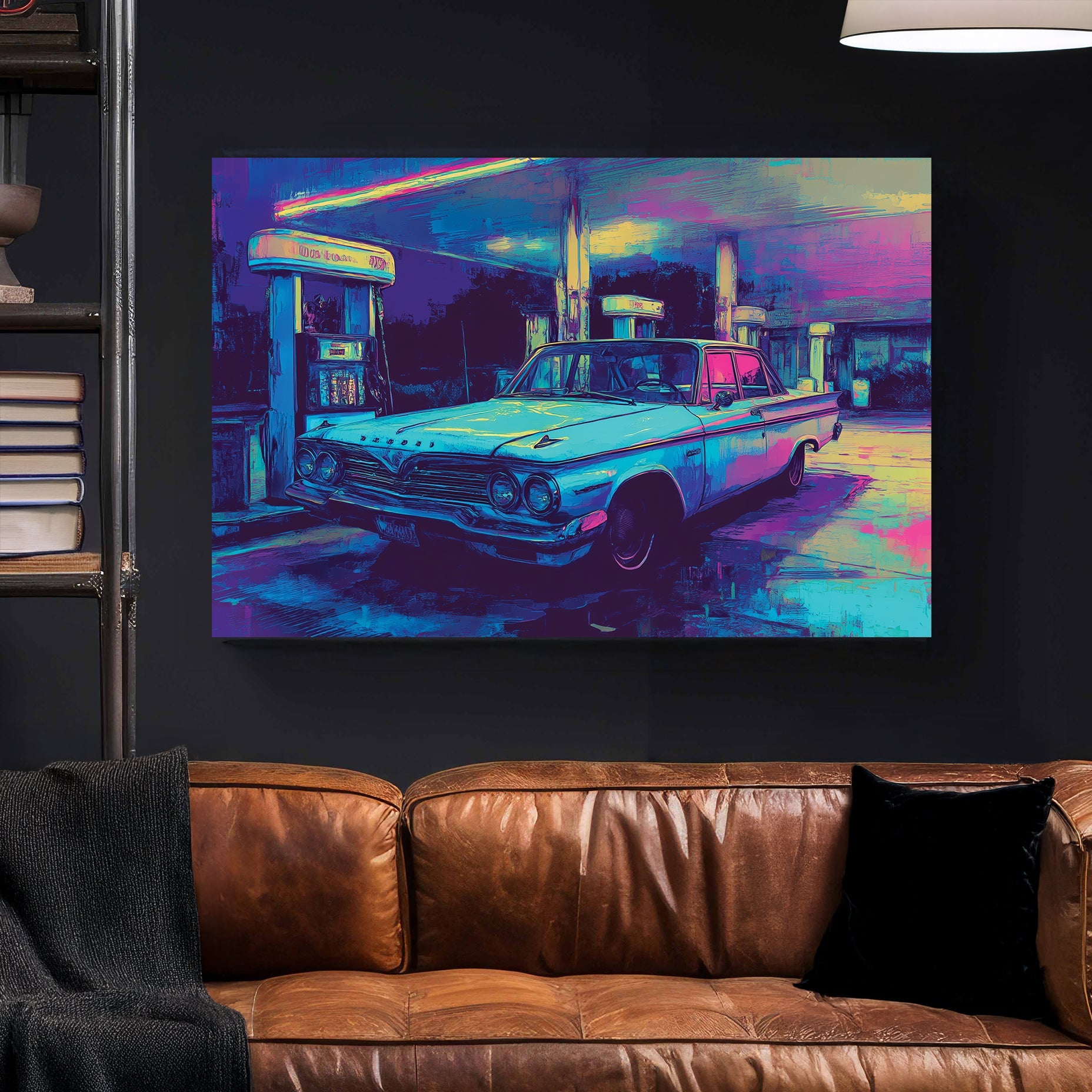 retro car at neon gas station wall art in synthwave colour palette