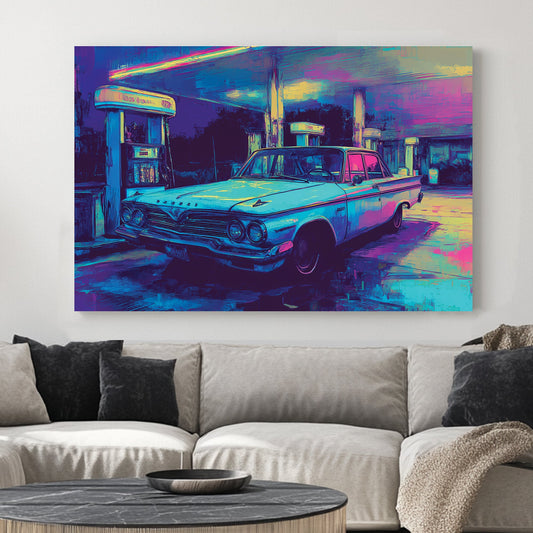 retro car at neon gas station wall art in synthwave colour palette
