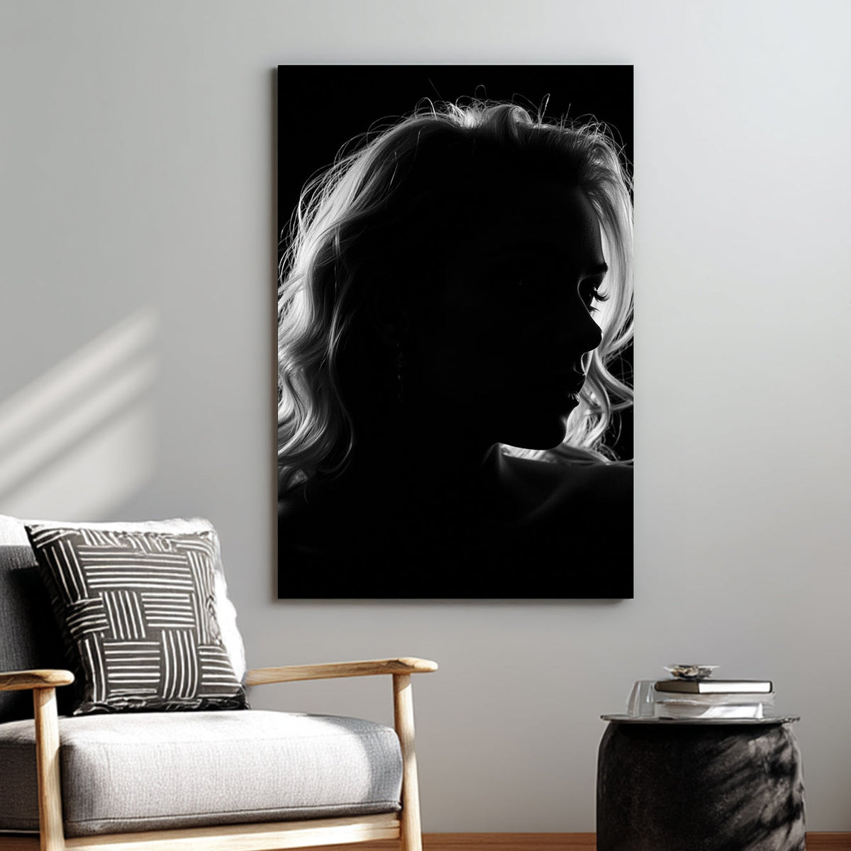 black and white silhouette portrait of woman wall art
