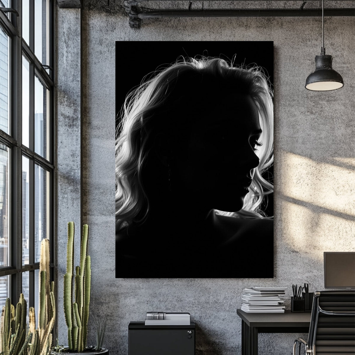 black and white silhouette portrait of woman wall art