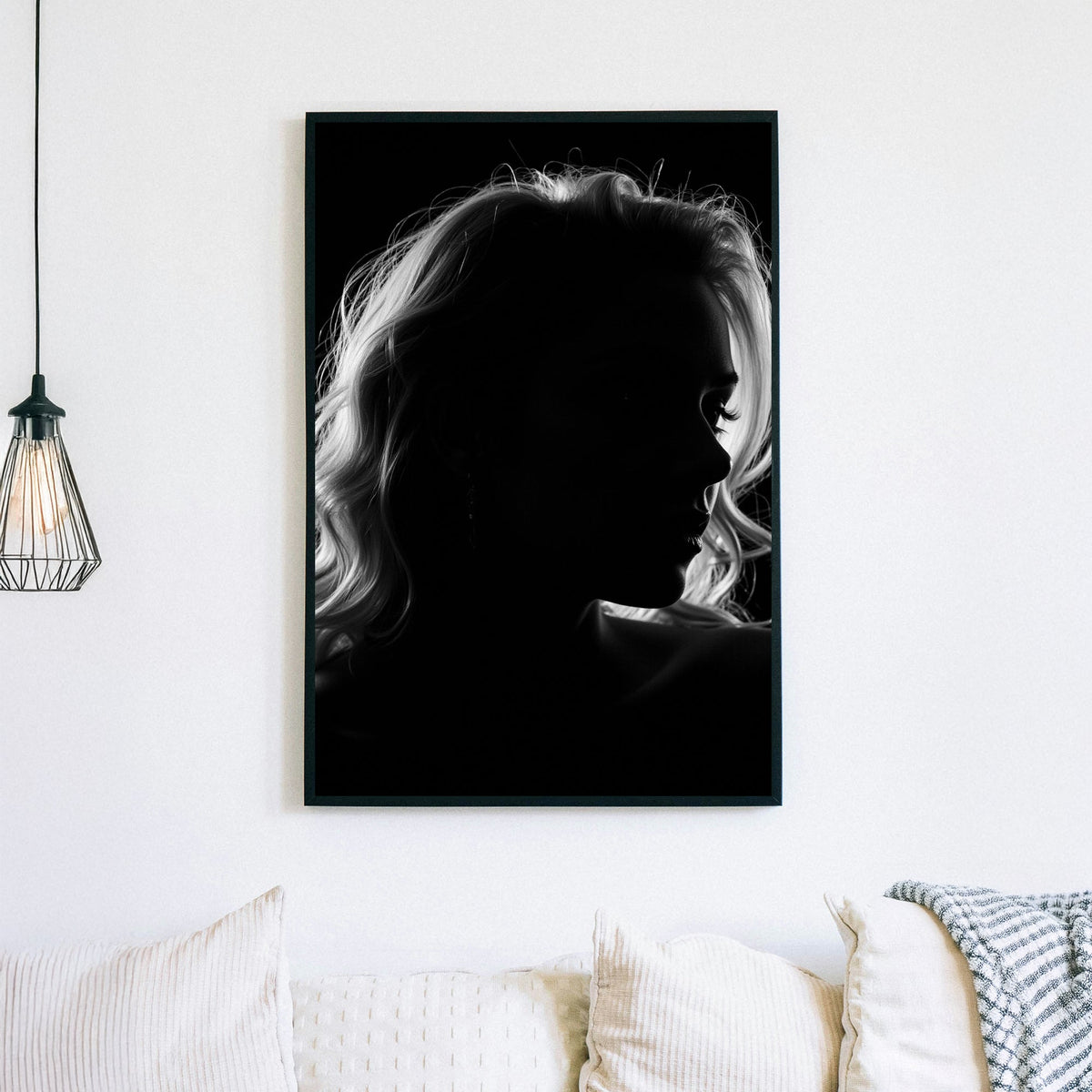 black and white silhouette portrait of woman wall art