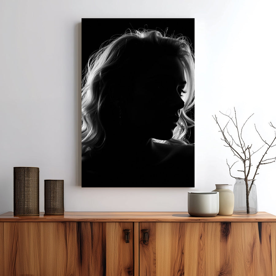 black and white silhouette portrait of woman wall art